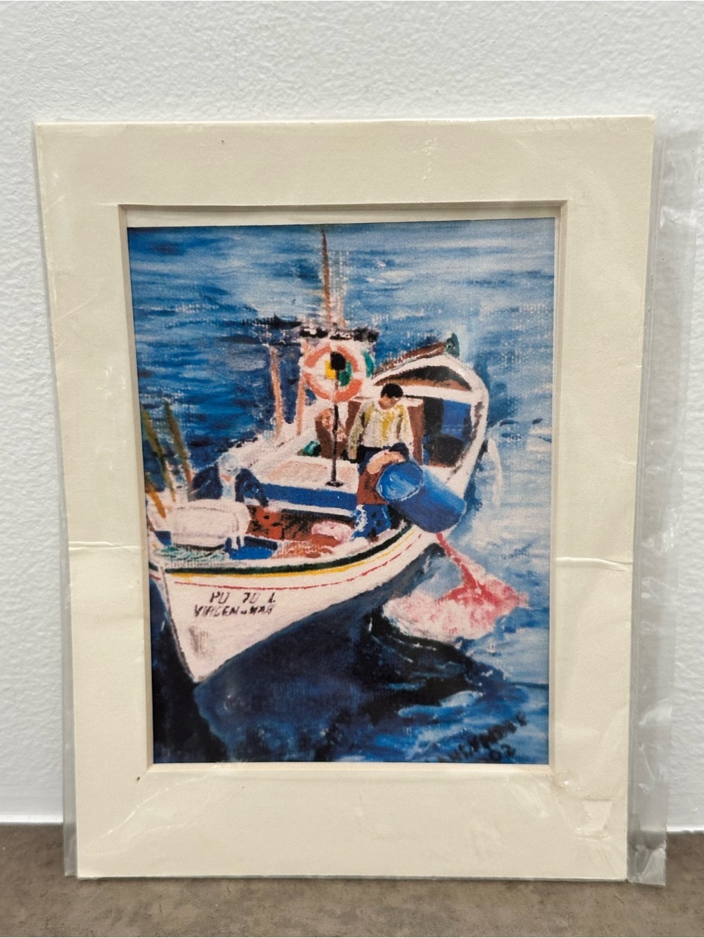 Framed Nautical Fisherman Fishing Boat Watercolor Art Print - Blue and White